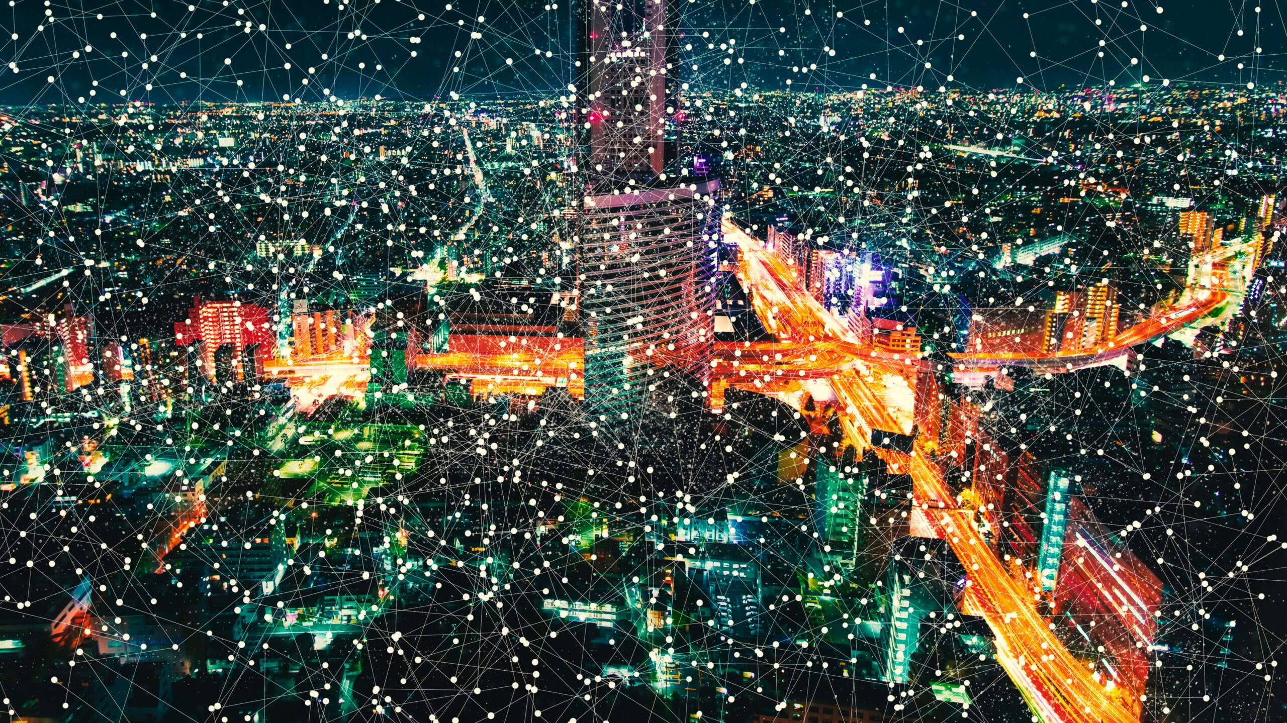 Aerial view of a massive highway intersection at night in Tokyo, Japan Aerial view of a massive highway intersection at night in Shinjuku, Tokyo, Japan