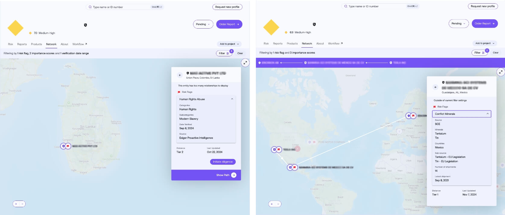 Map view with geo tags to display location of selected suppliers