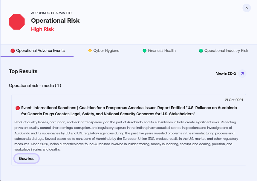 Operational risk: 1Exiger shows regulatory violation detail related to drug manufacturing and quality control standards.