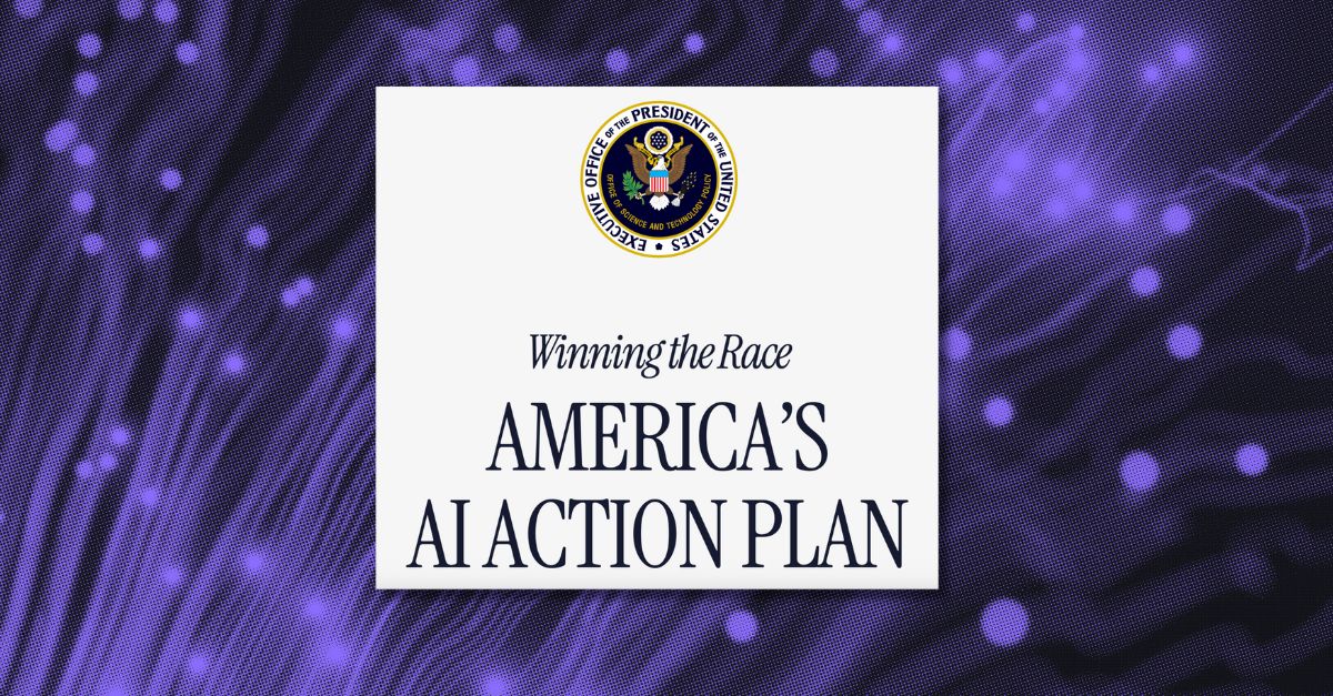 Cover graphic for “Winning the Race: America’s AI Action Plan” featuring the seal of the Executive Office of the President of the United States above the title. The background is a stylized digital pattern in shades of purple, evoking technology, data flow, and innovation, symbolizing the U.S. commitment to advancing artificial intelligence leadership.