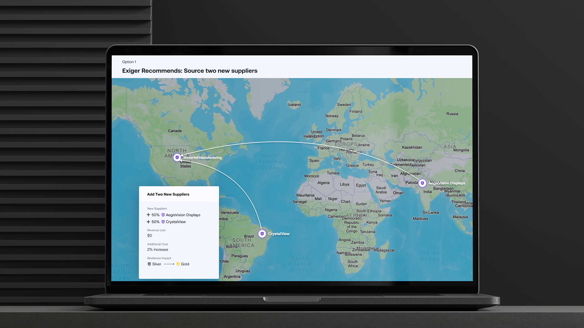 Laptop displaying Exiger’s Supply Chain Resilience tool with global map recommending two new suppliers to reduce disruption risk, showing supplier locations in the U.S., Europe, and Asia with resilience impact metrics.