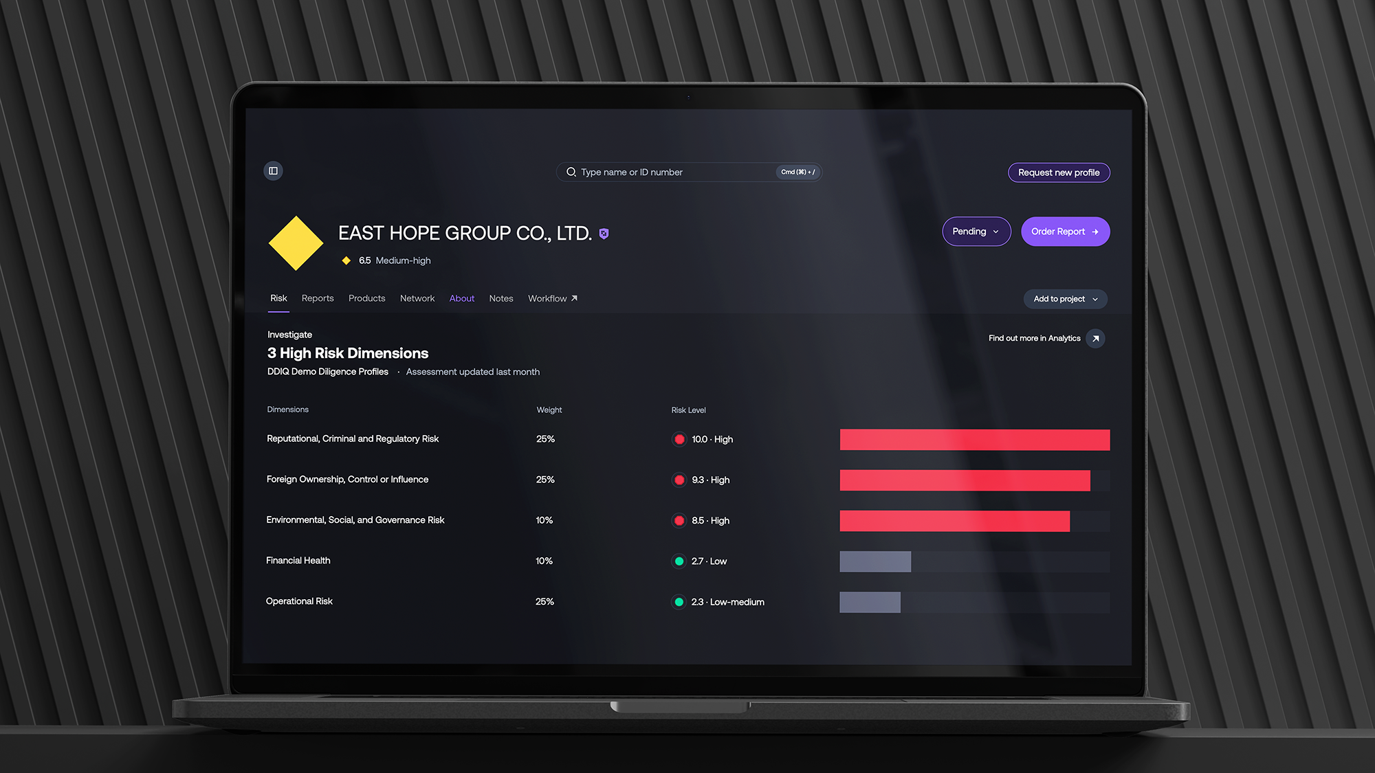 Laptop screen displaying Exiger’s Supply Chain Risk Dashboard with company risk profile for East Hope Group, highlighting high-risk dimensions such as regulatory, foreign ownership, and ESG compliance with visual risk bar charts.