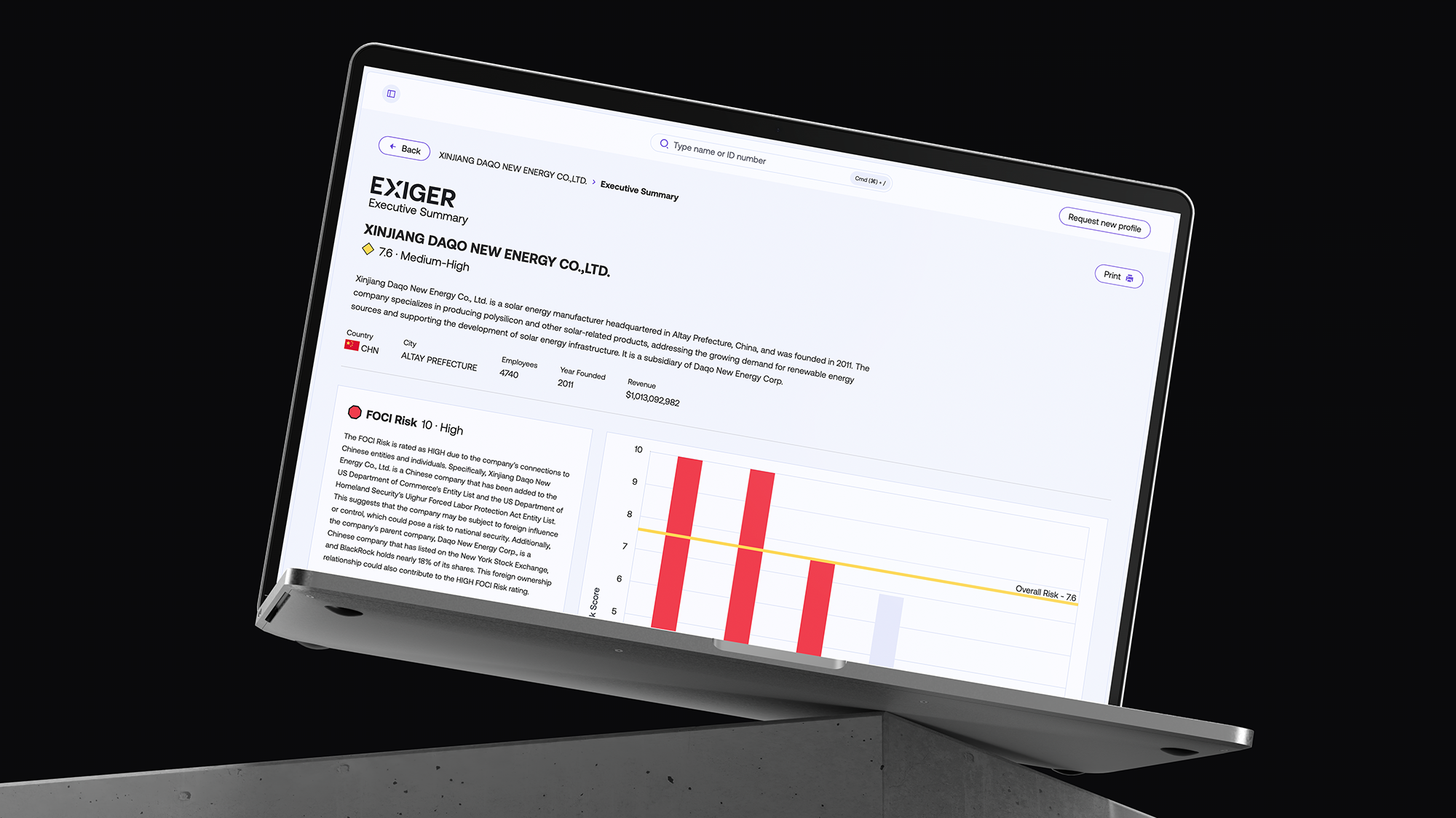 A laptop displaying Exiger’s Executive Summary report for Xinjiang Daqo New Energy Co., Ltd., showing a Medium-High overall risk score, company details, and a high FOCI risk chart on a dark background.