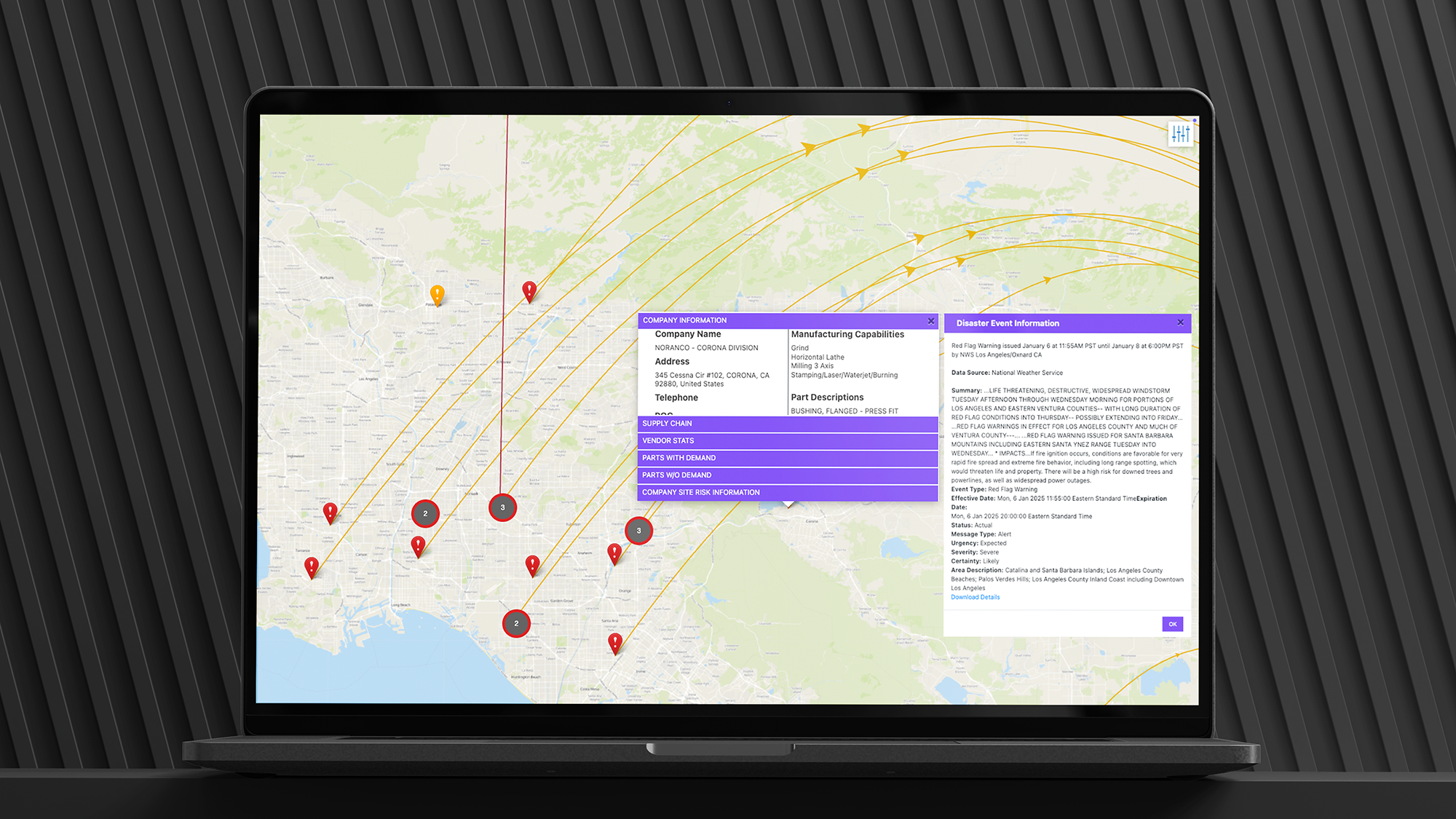 Laptop displaying 1Exiger supply chain risk visualization map, showing supplier locations, disruption alerts, and disaster event data for a manufacturing network in Southern California.