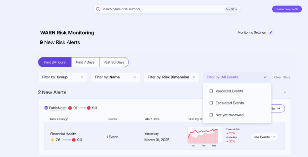 Dashboard view of 1Exiger WARN, highlighting new supplier risk alerts, score changes, event filters, and a trend chart for financial and profile risk.