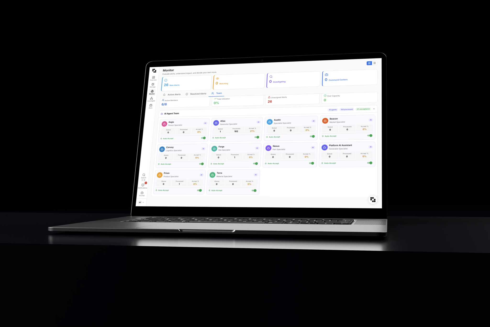 Exiger AI agent dashboard showing multiple AI teammates managing supply chain alerts, risk assessment tasks, and workflow execution with queue, processing, and acceptance metrics.