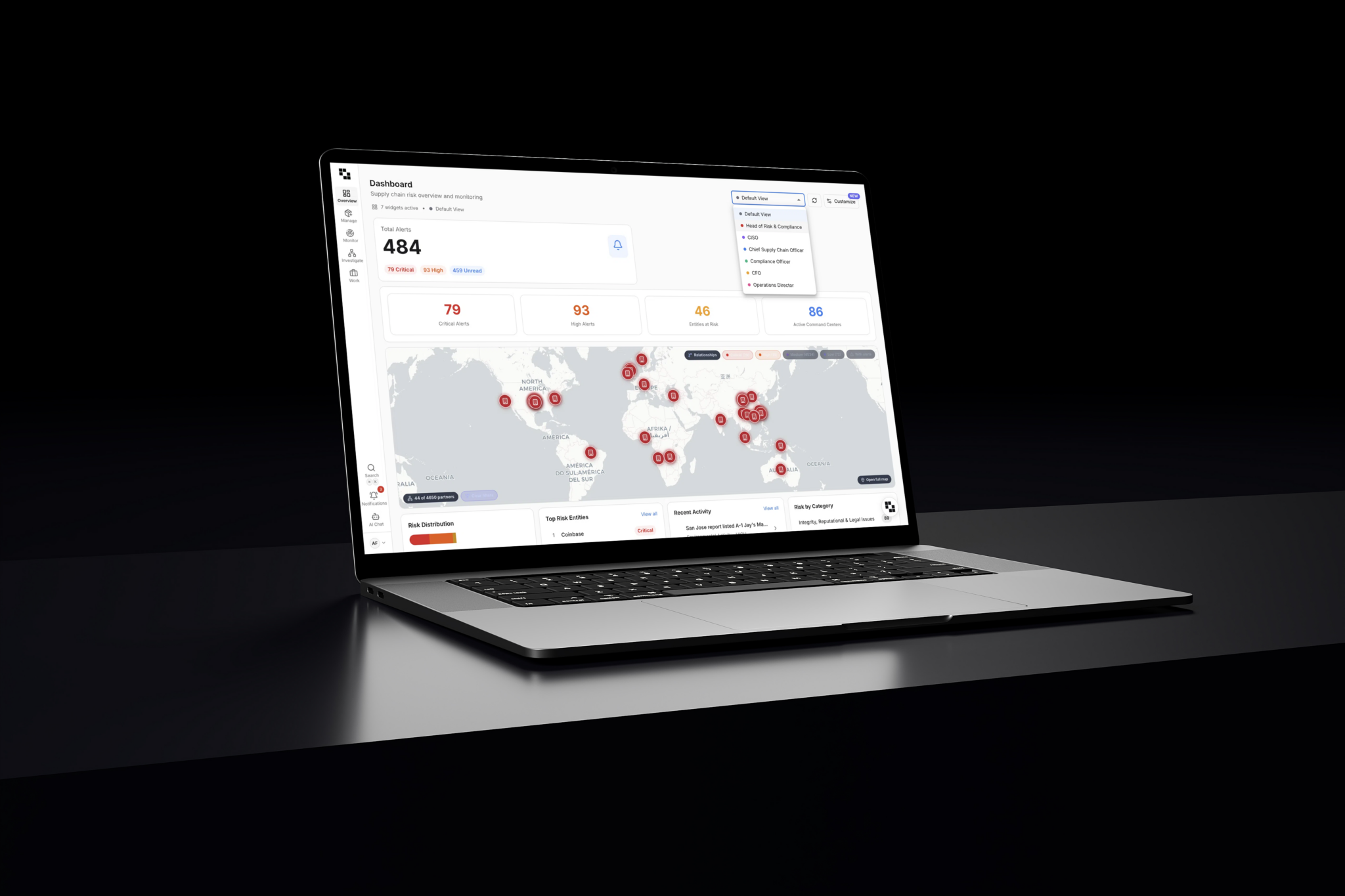 Exiger AI supply chain risk dashboard with customizable views, global risk map, alert distribution, and role-based configuration for different teams and functions.