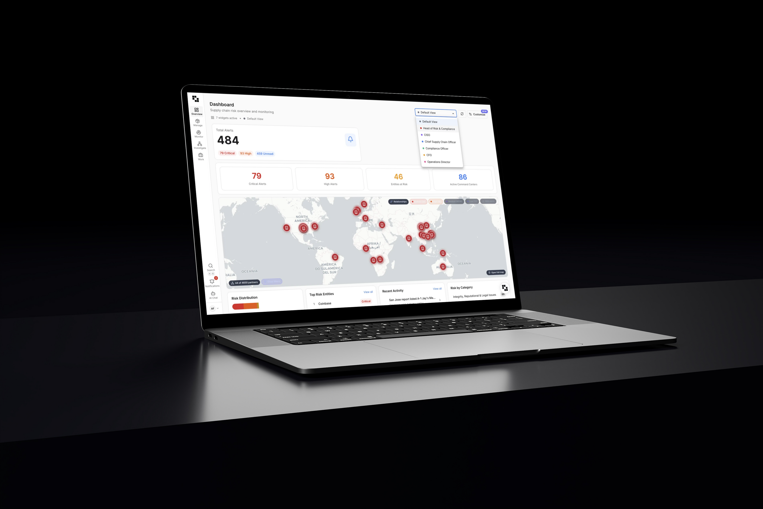 Exiger AI supply chain risk dashboard with customizable views, global risk map, alert distribution, and role-based configuration for different teams and functions.