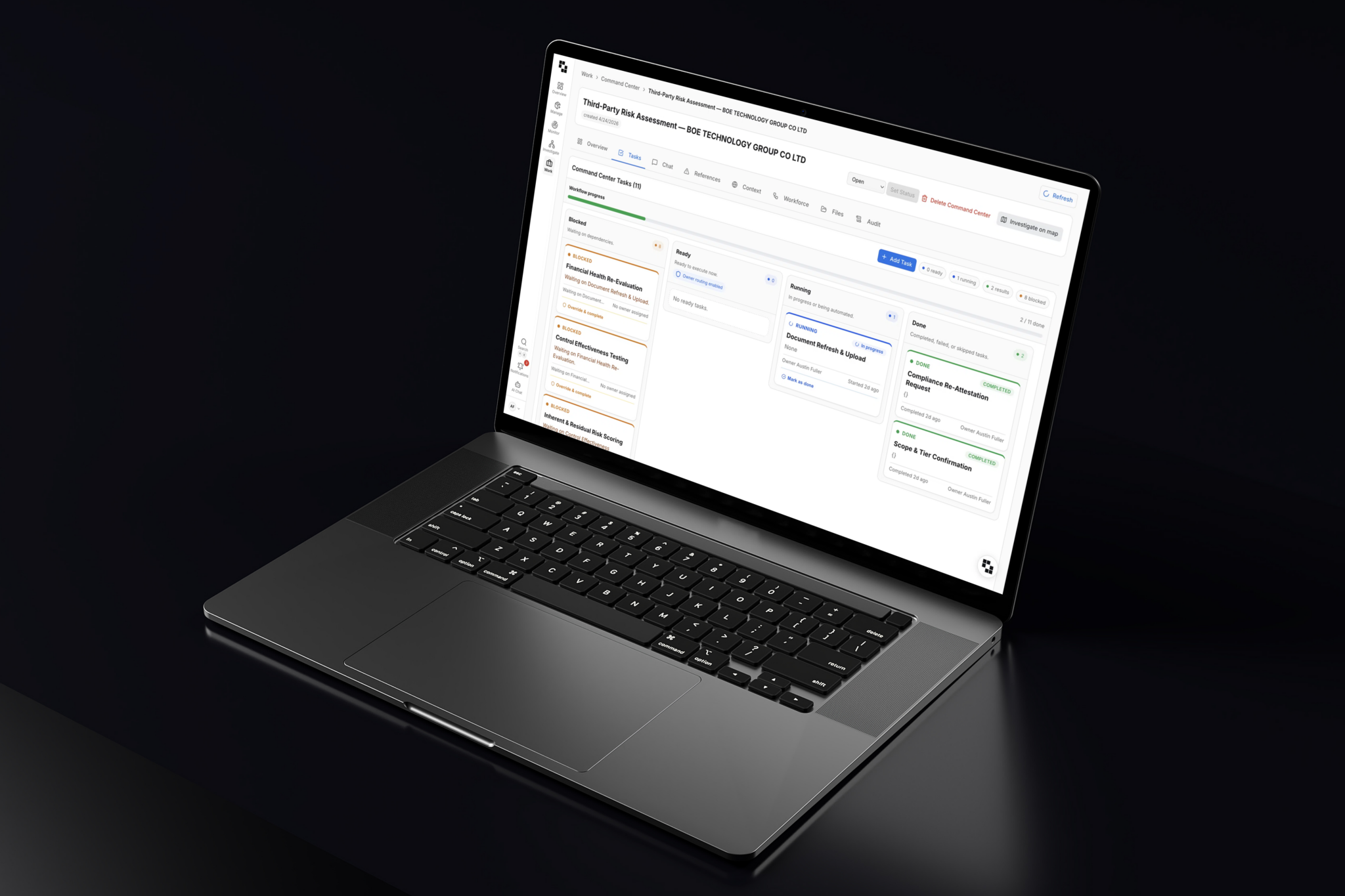 Exiger AI command center dashboard showing third-party risk assessment tasks, workflow progress, blocked and completed activities, and centralized case management.