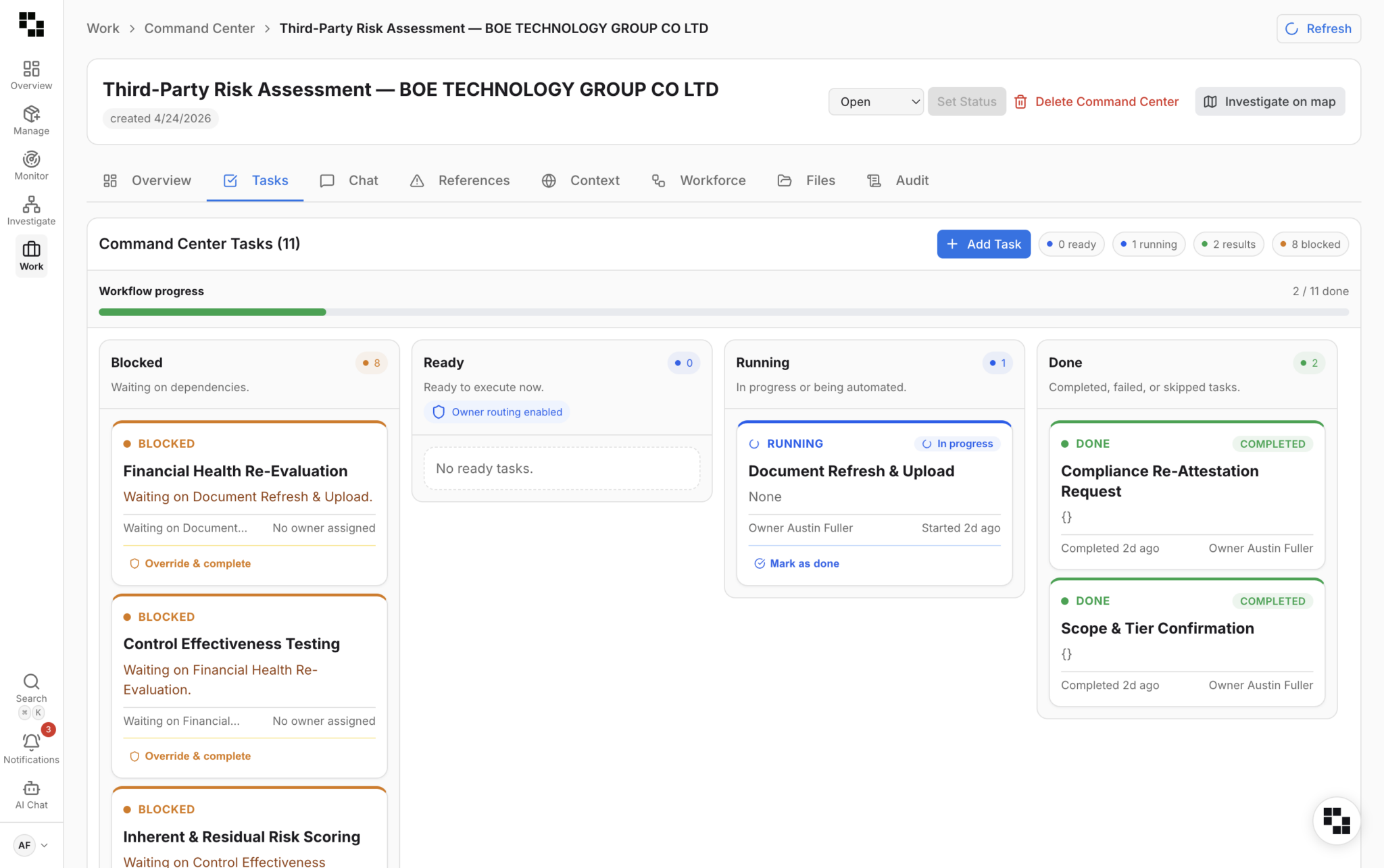 Exiger AI command center dashboard showing third-party risk assessment tasks, workflow progress, blocked and completed activities, and centralized case management.