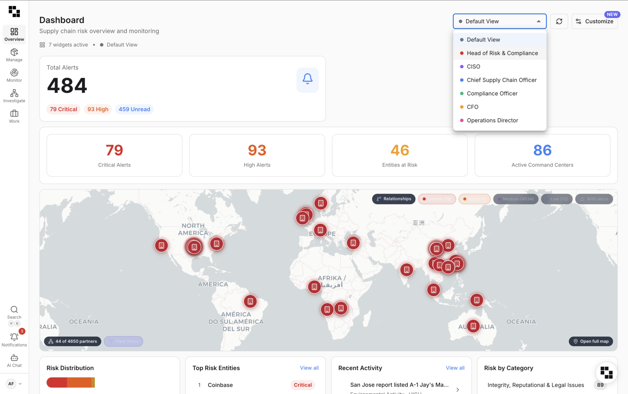 Exiger AI supply chain risk dashboard with customizable views, global risk map, alert distribution, and role-based configuration for different teams and functions.