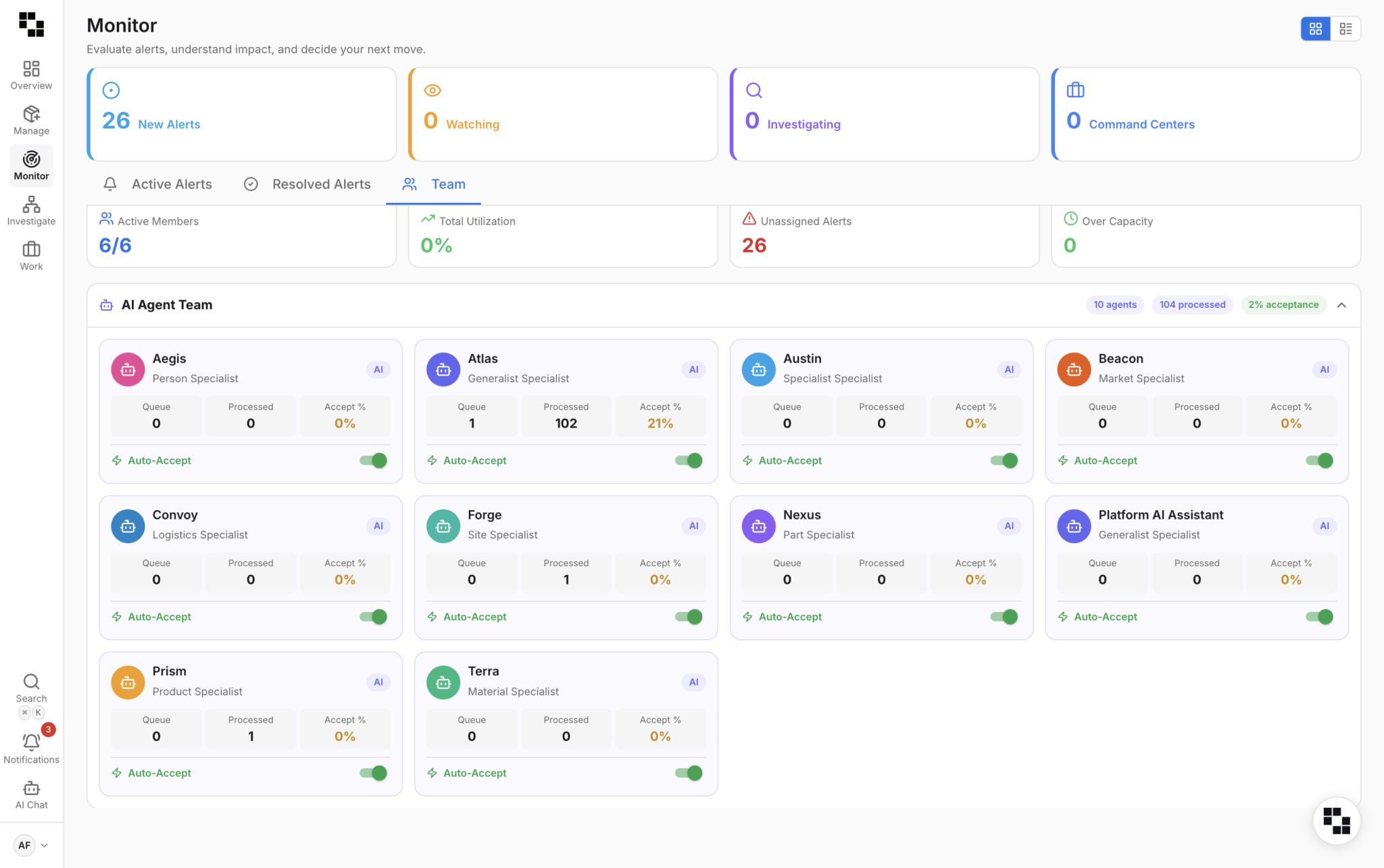 Exiger AI agent dashboard showing multiple AI teammates managing supply chain alerts, risk assessment tasks, and workflow execution with queue, processing, and acceptance metrics.